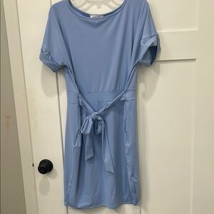 Light Blue Women's Dress with Pocket and Tie at Waist